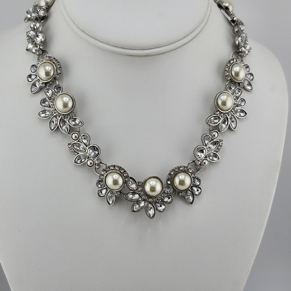 Charming Charlie Silver Tone Faux Pearl‎ Clear Rhinestone Necklace